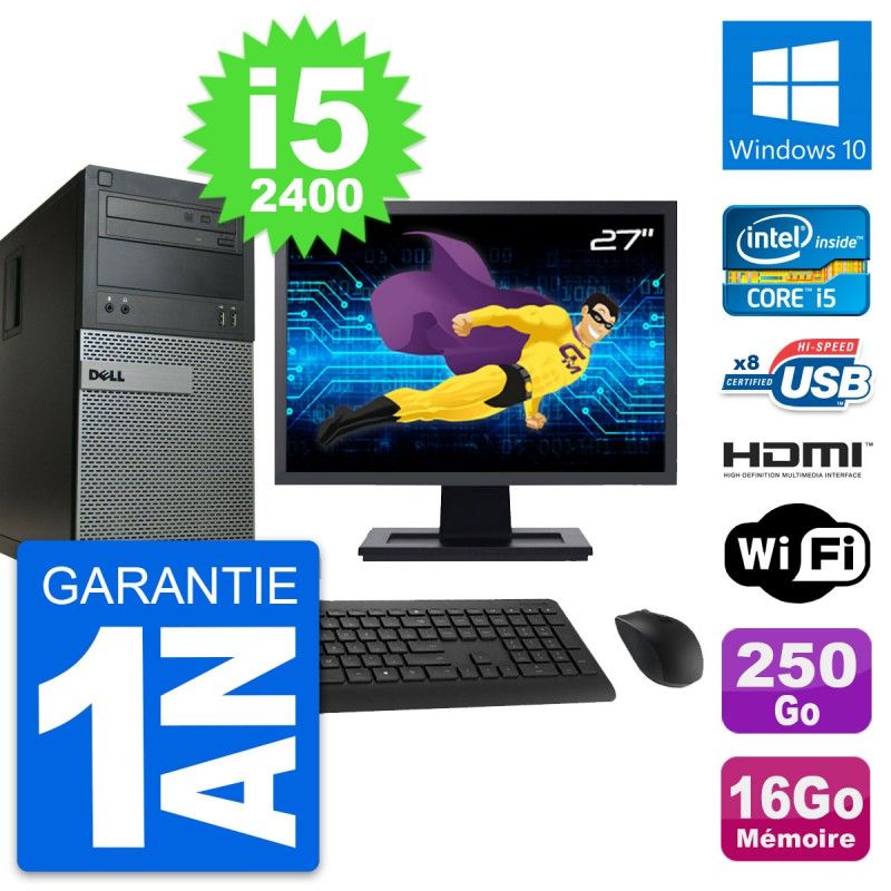 Dell Optiplex 390 MT Desktop PC - 27" Screen, i5-2400, 16GB RAM, 250GB HDD, HDMI, WiFi