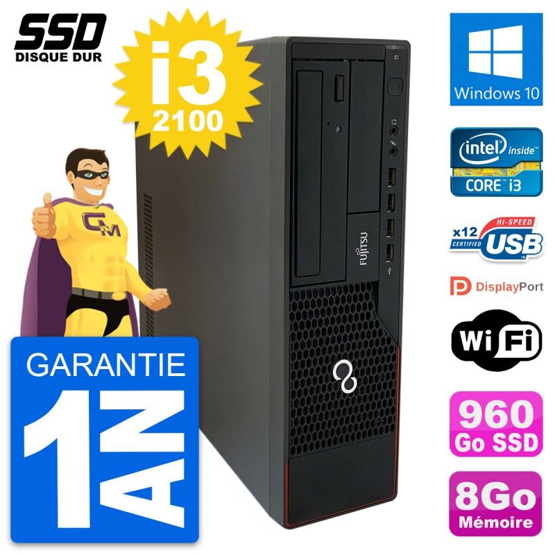 Fujitsu Esprimo E910 DT - Intel Core i3-2100, 8GB RAM, 960GB SSD, Windows 10, Wi-Fi