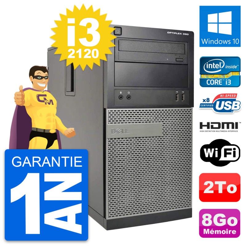 Ordinateur de bureau Dell OptiPlex 390 MT - i3-2120, 8 Go de RAM, 2 To de SSD, HDMI, Wi-Fi