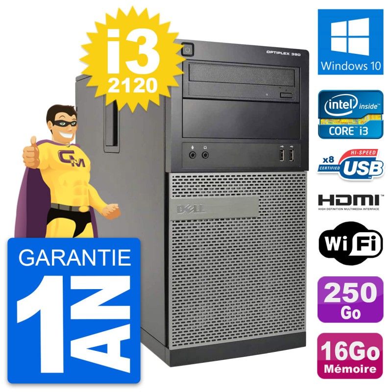 Dell OptiPlex 390 MT Desktop PC - i3-2120, 16GB RAM, 250GB HDD, HDMI, Wi-Fi, Windows 10