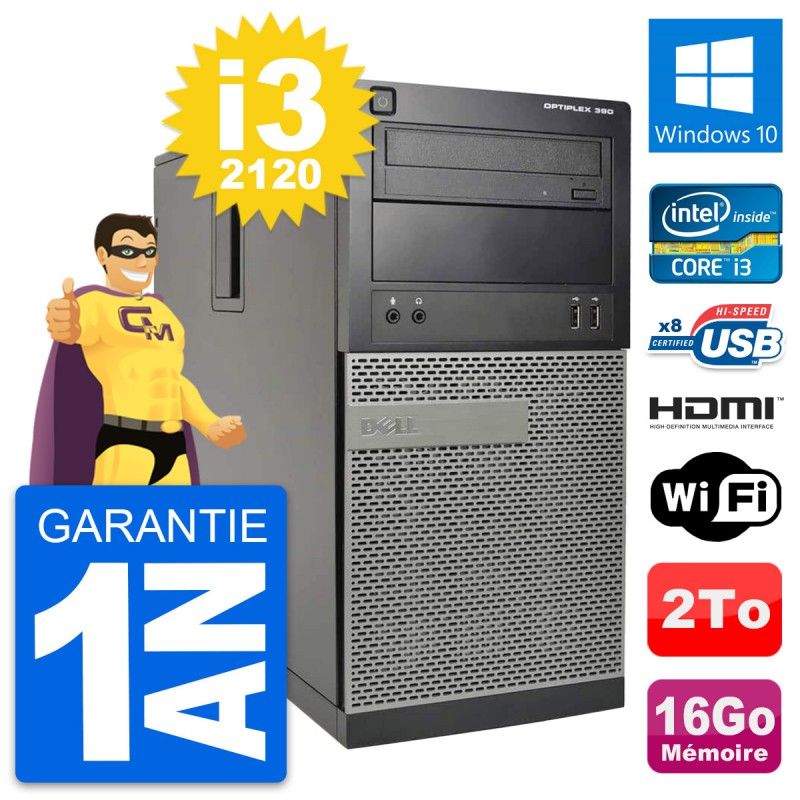 Dell OptiPlex 390 MT Desktop PC - i3-2120, 16GB RAM, 2TB HDD, HDMI, WiFi, Windows 10