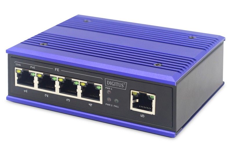 Digitus by Assmann DN-650107 4-Port Fast Ethernet Switch (10/100) with PoE, Black and Blue