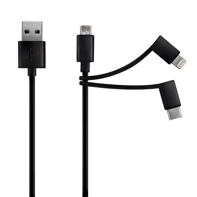 Cable USB 3 en 1 de Mooov (USB-A a Lightning MFI, USB-C, Micro USB) - Negro