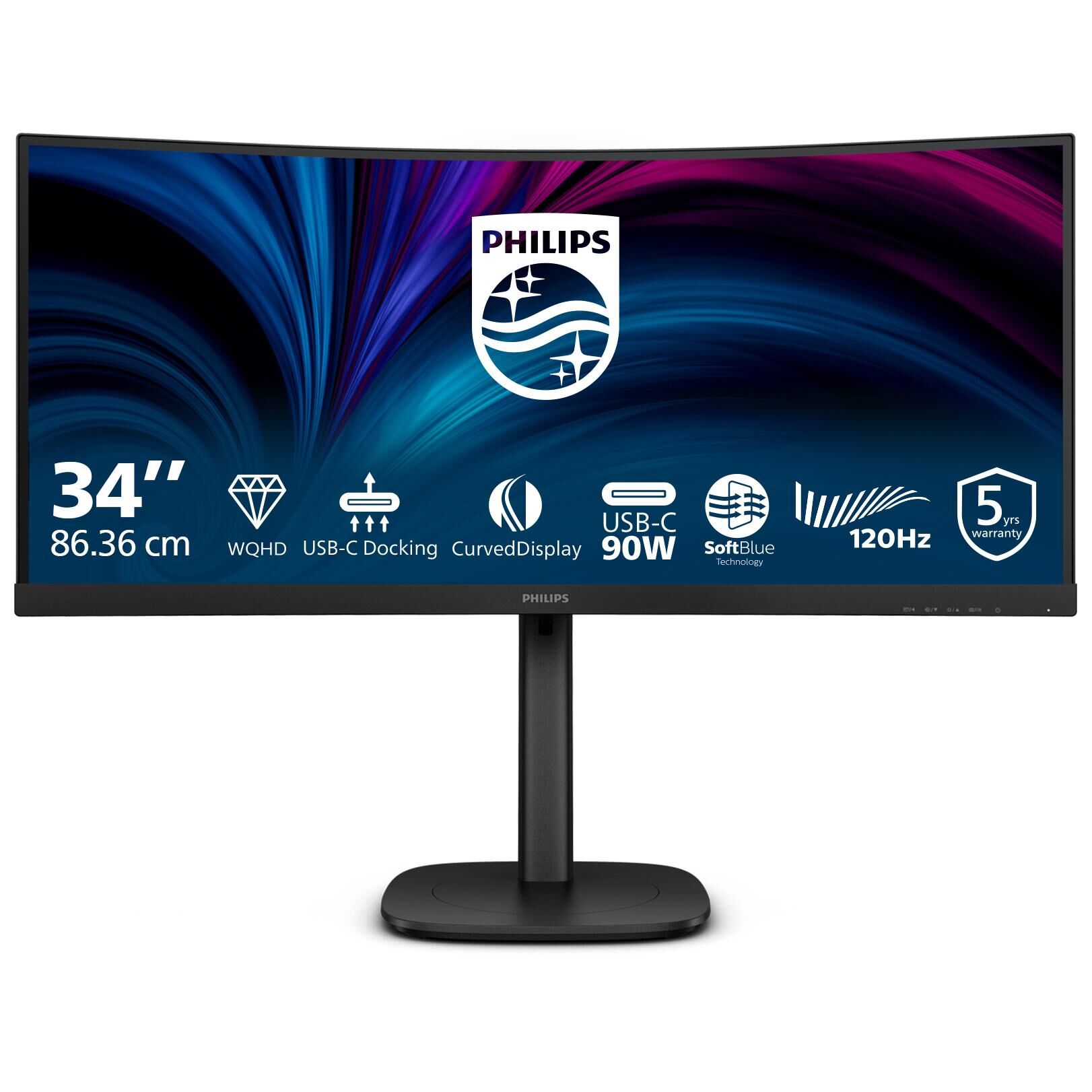 Philips 34B2U3600C - 3000 Series - écran LED - incurvé - 34" - 3440 x 1440 WQHD @ 120 Hz - VA - 3500:1 - HDMI, DisplayPort, USB-C - haut-parleurs - noir texturé