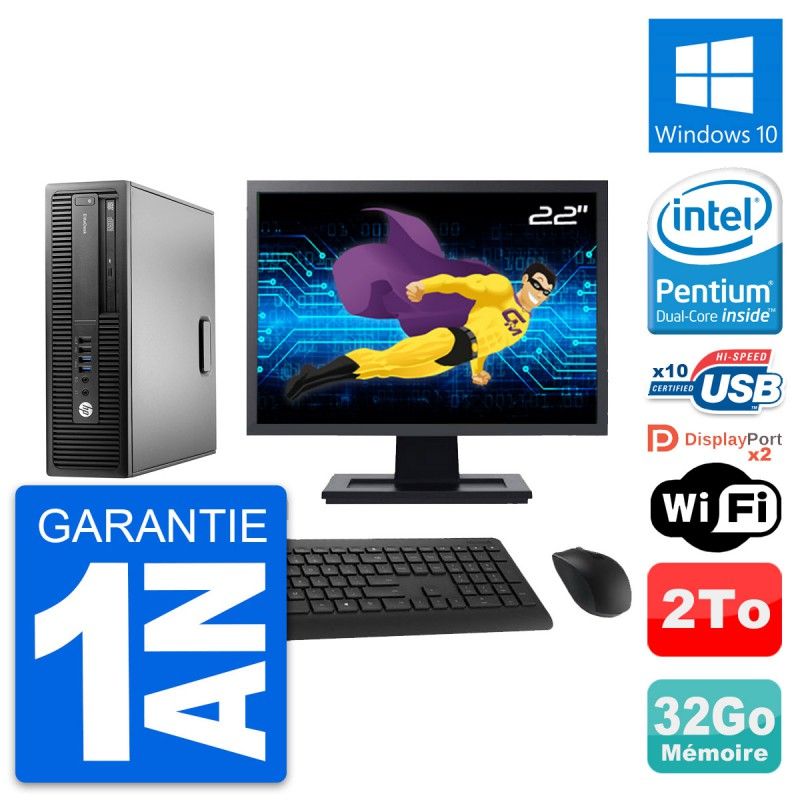 HP EliteDesk 800 G2 SFF Computer - 22" Screen, Intel Pentium G4400, 32GB RAM, 2TB HDD, Windows 10