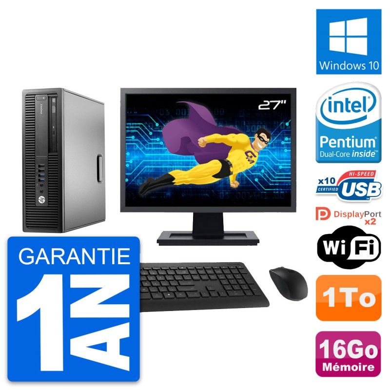 Ordinateur de bureau HP EliteDesk 800 G2 SFF - Écran 27'', Processeur Intel Pentium G4400, 16 Go RAM, 1 To HDD, Windows 10, WiFi