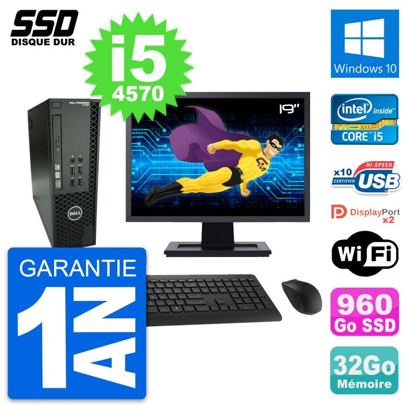 Ordinateur de bureau Dell T1700 SFF - Écran 19'', Intel i5-4570, 32 Go de RAM, 960 Go SSD, Windows 10, Wi-Fi