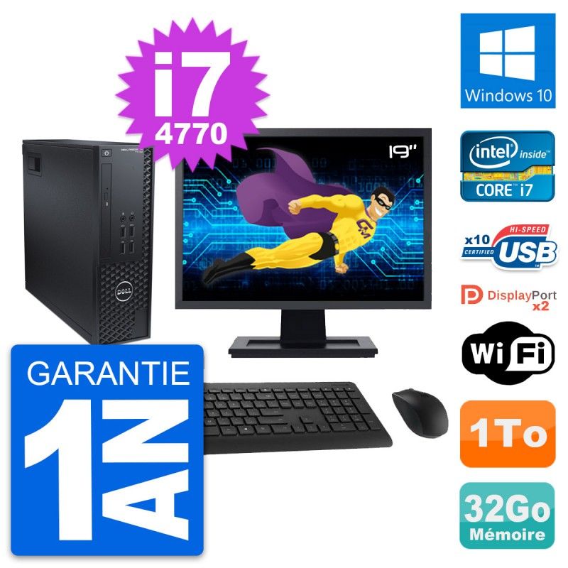 Dell T1700 SFF Computer - 19" Screen, Intel i7-4770, 32GB RAM, 1TB HDD, Windows 10, WiFi