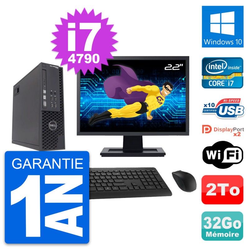Dell T1700 SFF Desktop Computer - 22" Screen, Intel i7-4790, 32GB RAM, 2TB HDD, Windows 10, WiFi