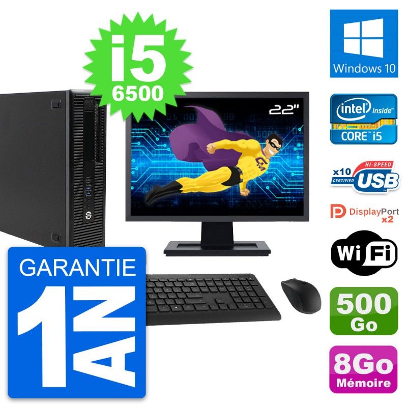 Ordinateur HP EliteDesk 800 G2 SFF - Écran 22'', Processeur Intel i5-6500, 8 Go de RAM, 500 Go de stockage, Windows 10, WiFi