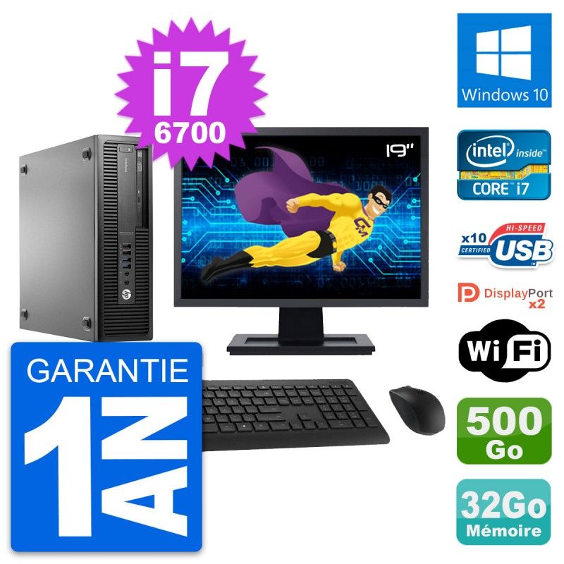 Ordinateur HP EliteDesk 800 G2 SFF - Écran 19'', Intel i7-6700, 32 Go de RAM, 500 Go HDD, Windows 10