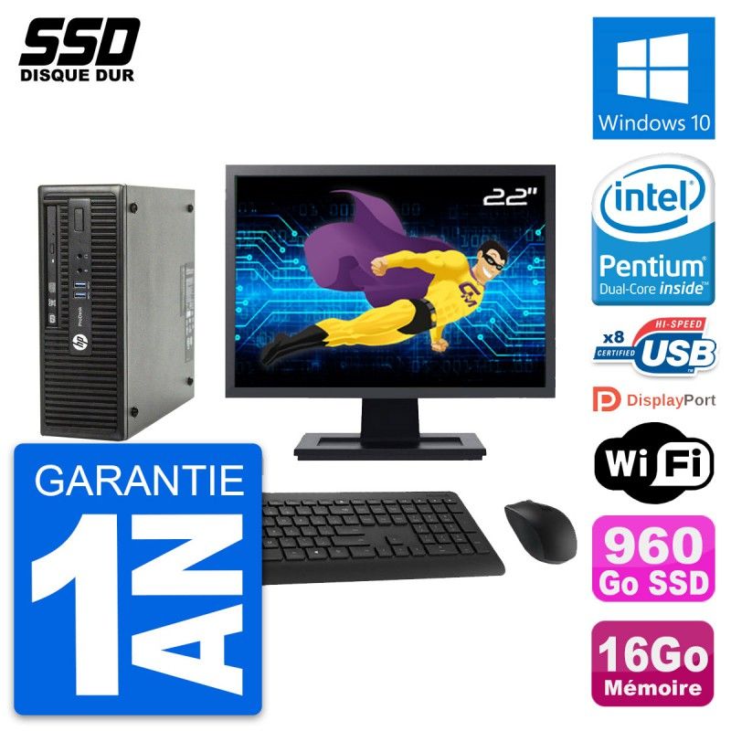 HP ProDesk 400 G3 SFF Desktop PC - 22" Screen, Intel Pentium G4400, 16GB RAM, 960GB SSD, Windows 10, WiFi