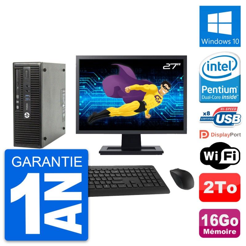 HP ProDesk 400 G3 SFF Computer - 27" Screen, Intel Pentium G4400, 16GB RAM, 2TB HDD, Windows 10