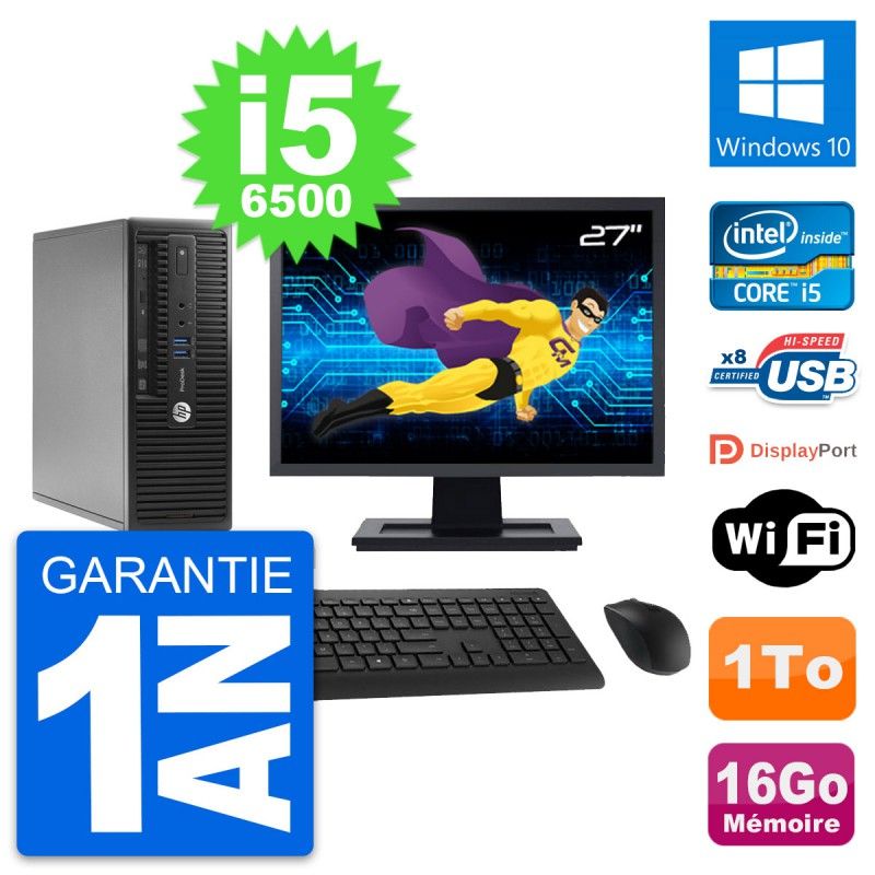 HP ProDesk 400 G3 SFF PC - 27" Screen, Intel i5-6500, 16GB RAM, 1TB HDD, Windows 10, WiFi