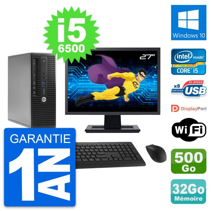 HP ProDesk 400 G3 SFF Desktop PC - 27" Screen, Intel i5-6500, 32GB RAM, 500GB HDD, Windows 10, WiFi