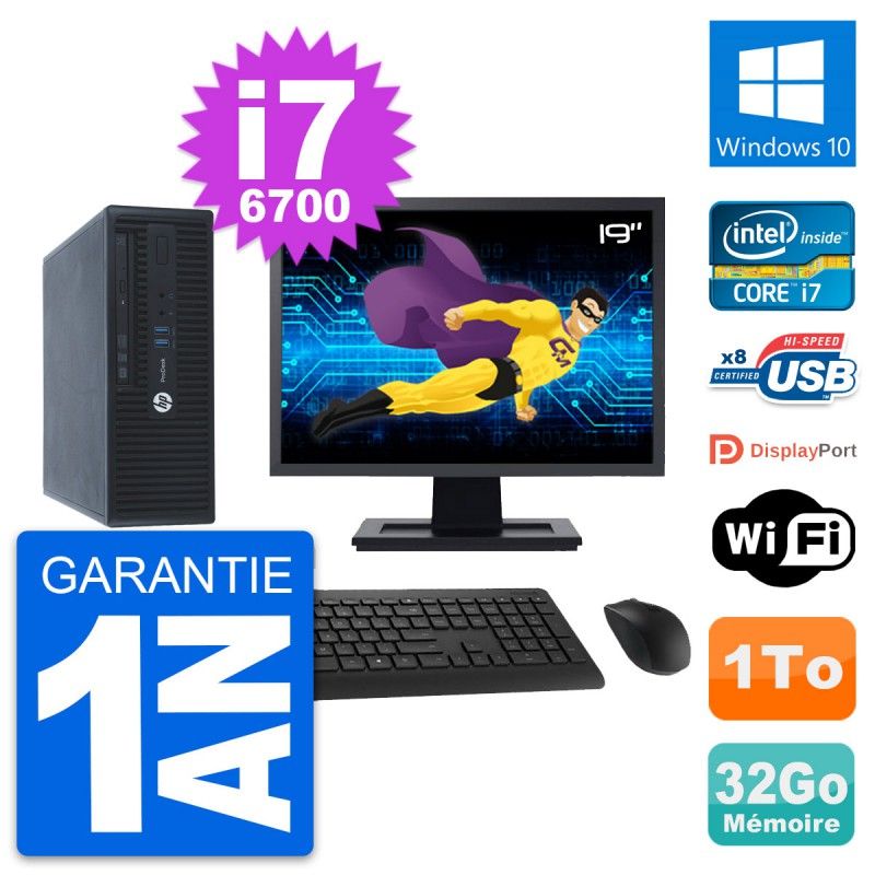 HP ProDesk 400 G3 SFF Desktop Computer - 19" Screen, Intel i7-6700, 32GB RAM, 1TB HDD, Windows 10, WiFi