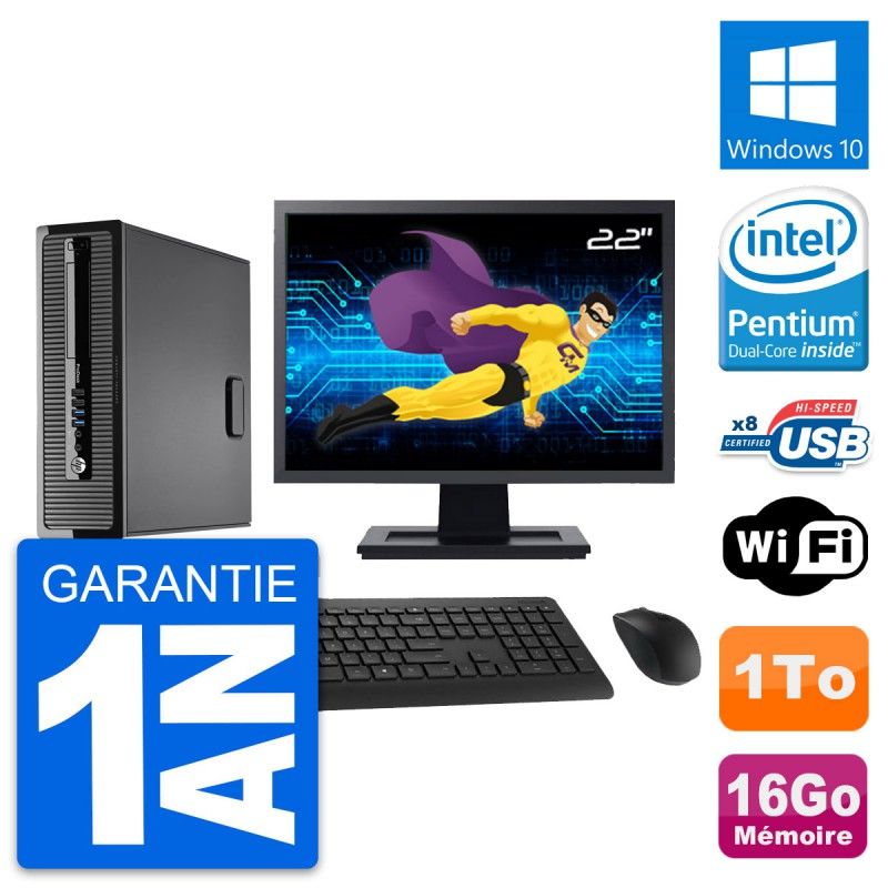 HP ProDesk 400 G1 SFF Desktop Computer - 22" Screen, Intel Pentium Dual-Core G3220, 16GB RAM, 1TB HDD, Windows 10, WiFi