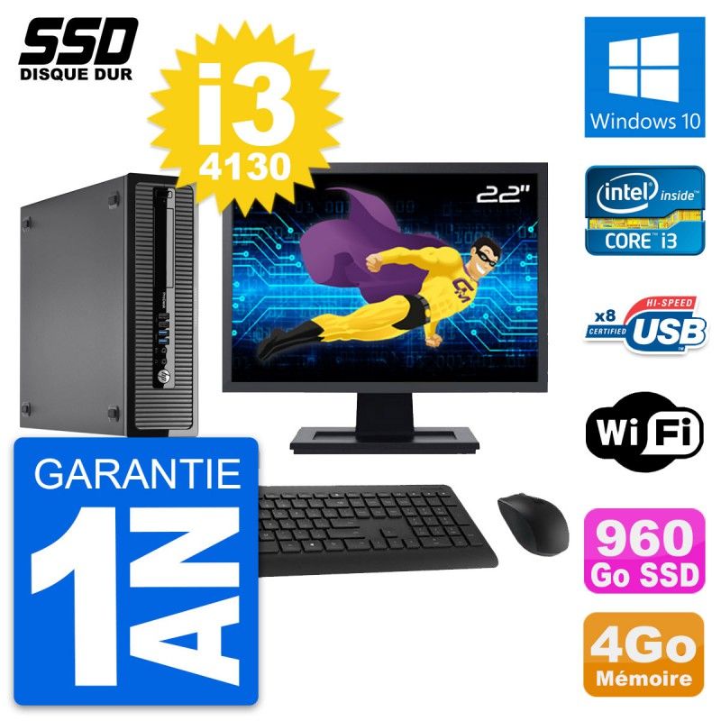 HP ProDesk 400 G1 SFF Desktop Computer, 22" Screen, i3-4130, 4GB RAM, 960GB SSD, Windows 10, Wifi