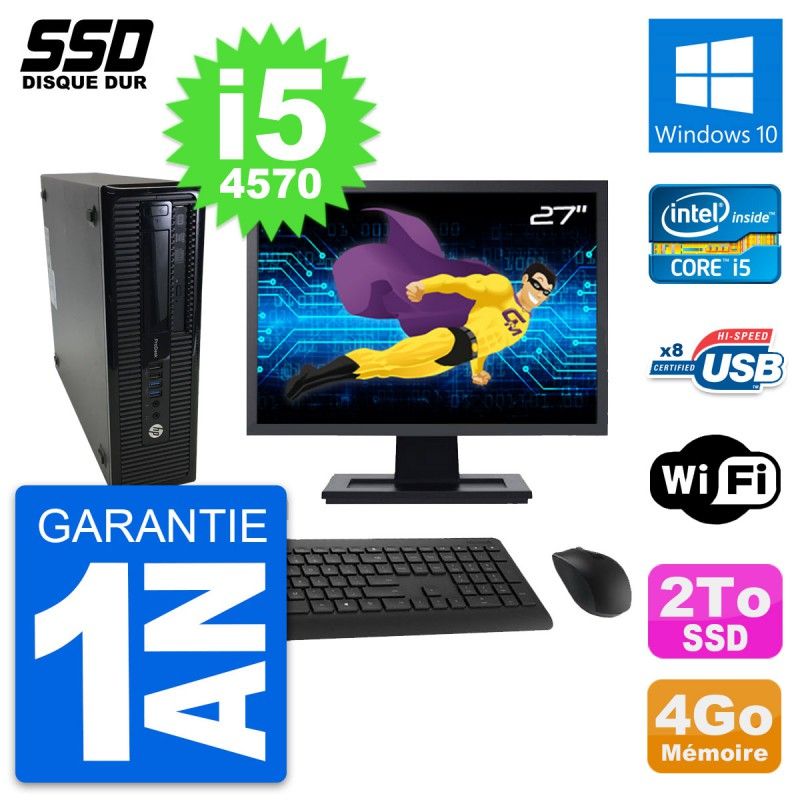 HP ProDesk 400 G1 SFF Desktop Computer, 27" Screen, Intel i5-4570, 4GB RAM, 2TB SSD, Windows 10, WiFi