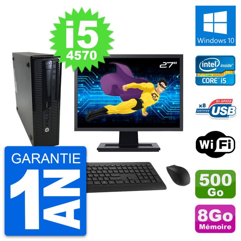 Ordinateur HP ProDesk 400 G1 SFF - Écran 27'', Intel i5-4570, 8 Go de RAM, Disque 500 Go, Windows 10, WiFi