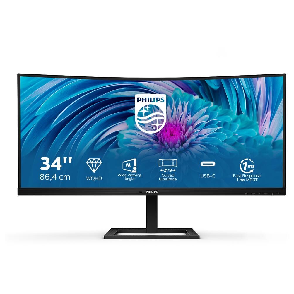 Philips E-line 346E2CUAE - 34" Curved LED Monitor - UWQHD 3440 x 1440 @ 100Hz - VA 300cd/m² - 1ms Response Time - HDMI, DisplayPort, USB-C - Black