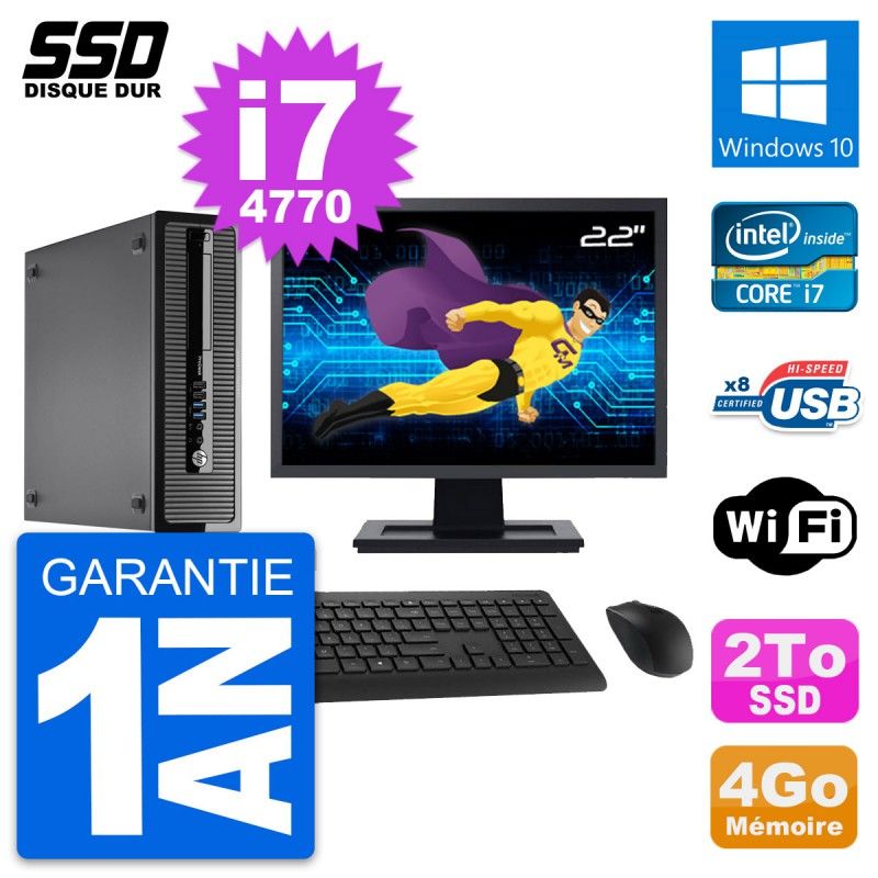 HP ProDesk 400 G1 SFF Desktop Computer - 22" Screen, Intel i7-4770, 4GB RAM, 2TB SSD, Windows 10, Wifi