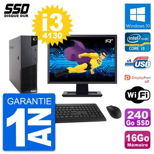 Lenovo M83 SFF Desktop Computer - 19" Screen, Intel i3-4130, 16GB RAM, 240GB SSD, Windows 10, WiFi