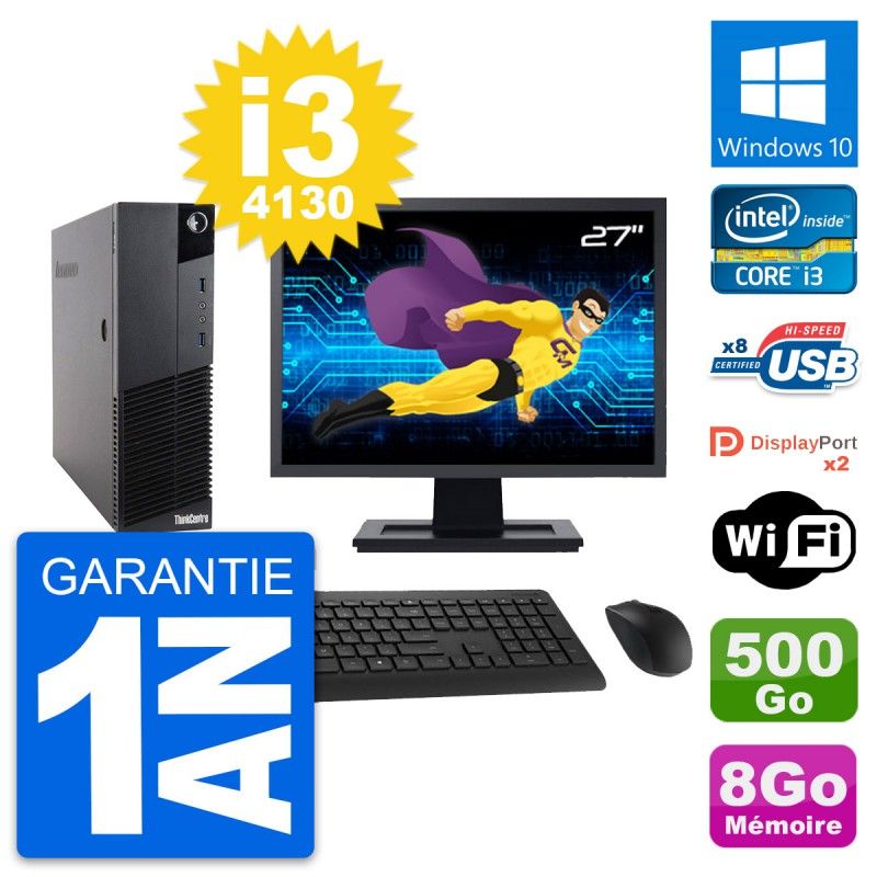 Lenovo M83 SFF Computer - 27" Screen, Intel i3-4130, 8GB RAM, 500GB Disk, Windows 10, WiFi