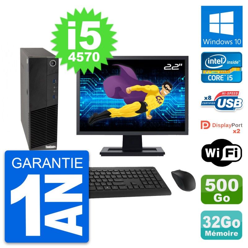 Ordinateur de bureau Lenovo M83 SFF - Écran 22'', Intel i5-4570, 32 Go de RAM, 500 Go de stockage, Windows 10, WiFi