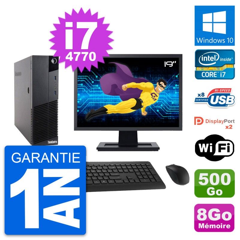Lenovo M83 SFF Desktop PC - 19" Screen, Intel i7-4770, 8GB RAM, 500GB HDD, Windows 10, WiFi