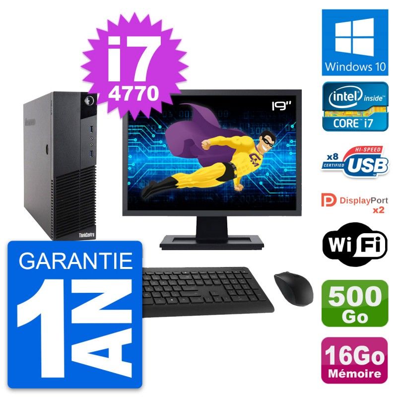 Lenovo M83 SFF Desktop Computer - 19" Screen, Intel i7-4770, 16GB RAM, 500GB Storage, Windows 10, WiFi