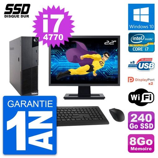 Lenovo M83 SFF Desktop Computer - 22" Screen, Intel Core i7-4770, 8GB RAM, 240GB SSD, Windows 10, WiFi