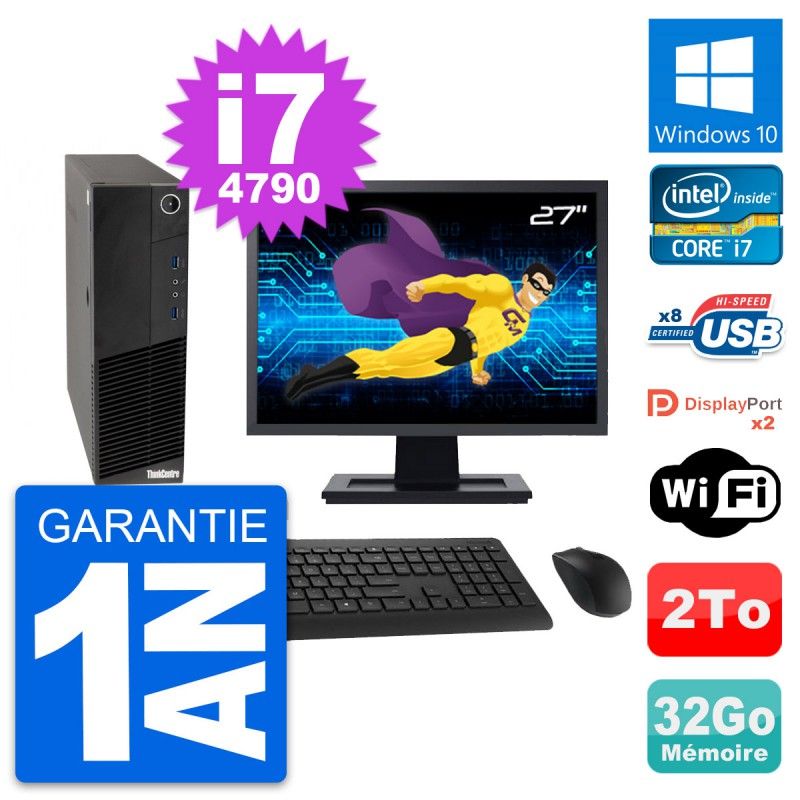 Lenovo M83 SFF Desktop Computer - 27" Screen, Core i7-4790, 32GB RAM, 2TB HDD, Windows 10, WiFi