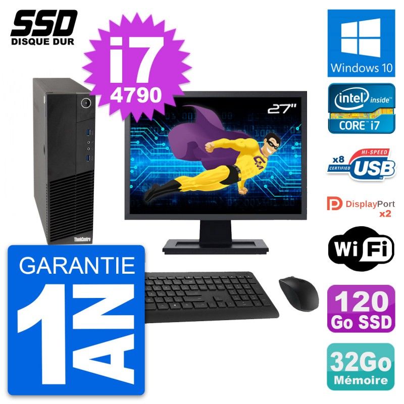 Lenovo M83 SFF Desktop Computer - 27" Screen, Intel i7-4790, 32GB RAM, 120GB SSD, Windows 10, WiFi