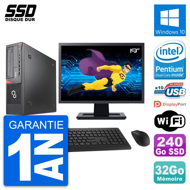 Fujitsu E920 DT 19-inch Screen, Intel G3220, 32GB RAM, 240GB SSD, Windows 10, WiFi