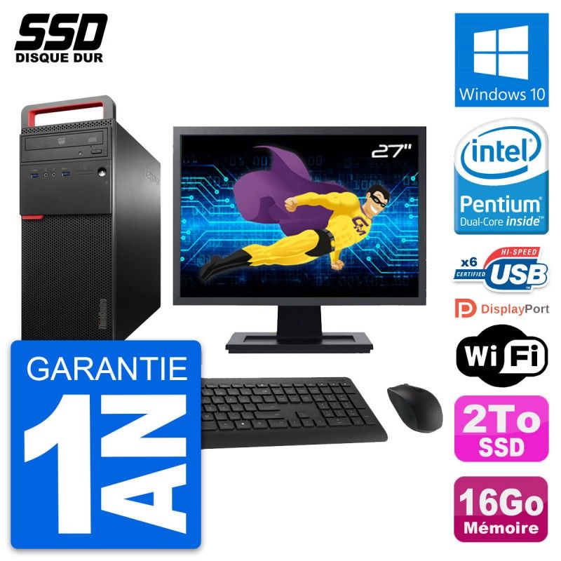 Lenovo ThinkCentre M700 Desktop Computer, 27" Screen, Intel Pentium G4400, 16GB RAM, 2TB SSD, Windows 10, WiFi