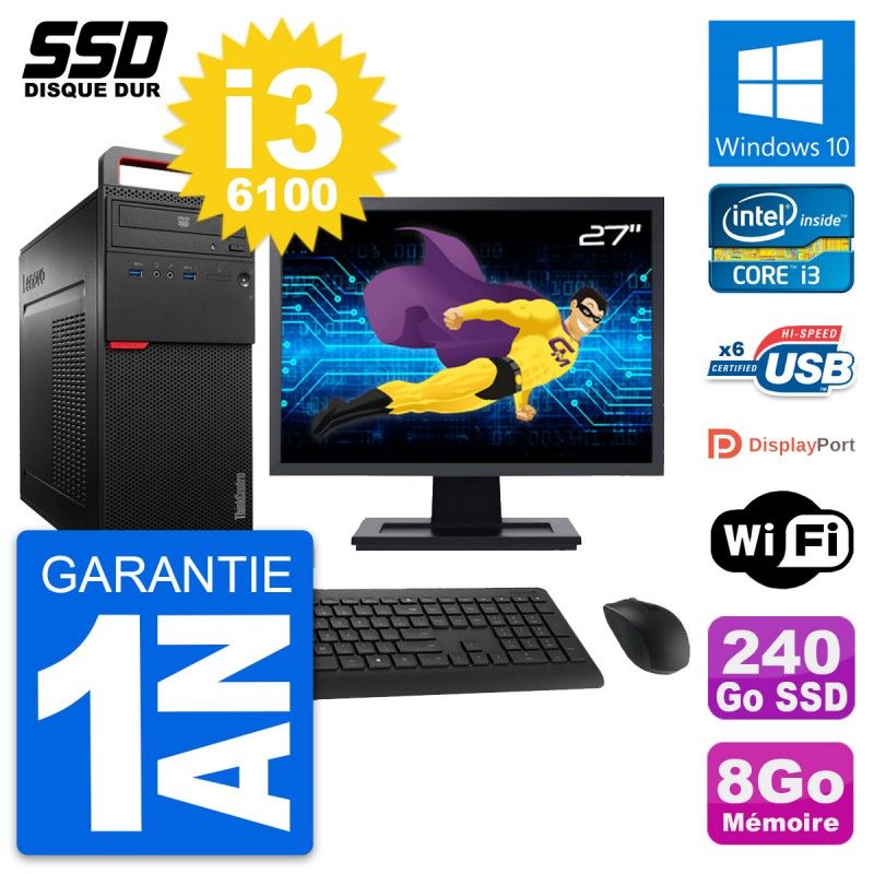 Lenovo M700 Desktop Computer - 27" Screen, Intel i3-6100, 8GB RAM, 240GB SSD, Windows 10, WiFi