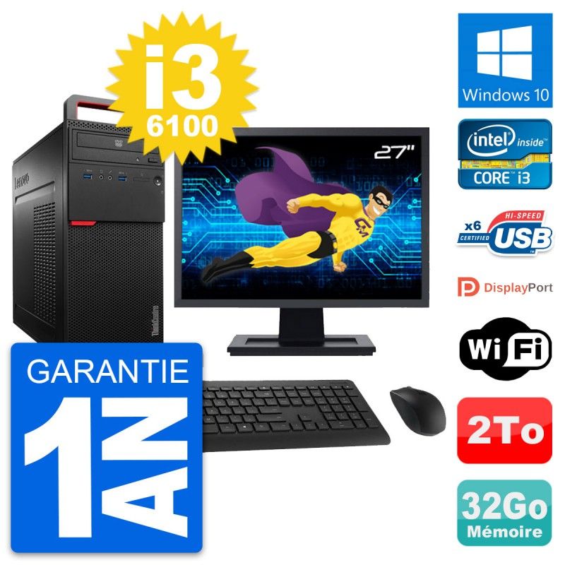 Lenovo ThinkCentre M700 Desktop PC - 27" Screen, Intel i3-6100, 32GB RAM, 2TB Hard Drive, Windows 10, Wi-Fi