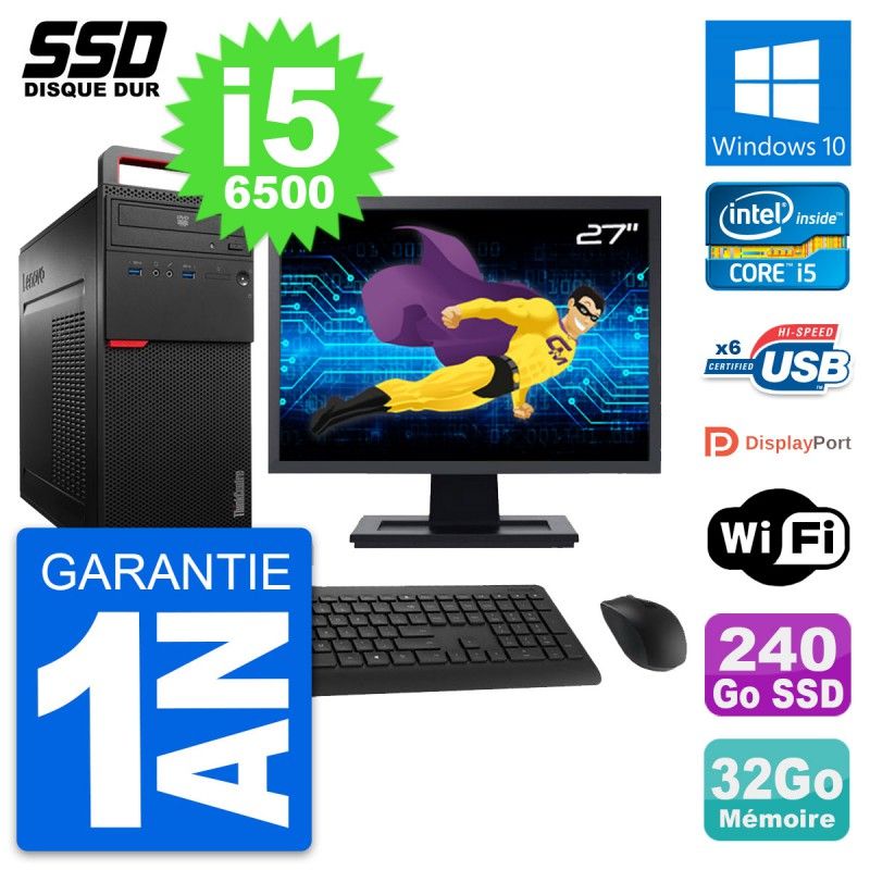 Lenovo M700 Desktop Computer, 27" Screen, Intel i5-6500, 32GB RAM, 240GB SSD, Windows 10, WiFi