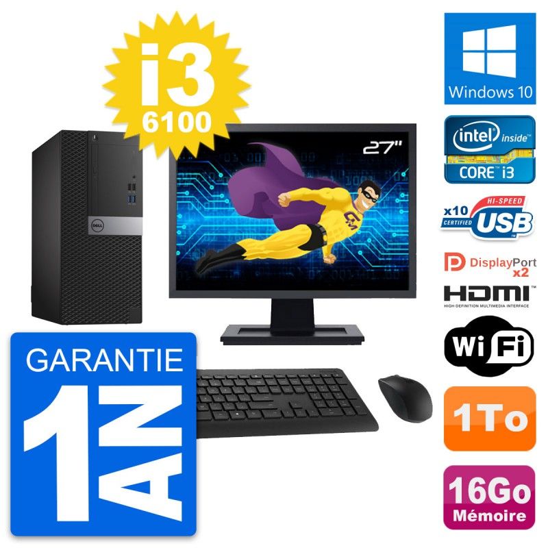 PC de escritorio Dell OptiPlex 7040 - Pantalla de 27", Intel Core i3-6100, 16 GB RAM, 1 TB HDD, HDMI