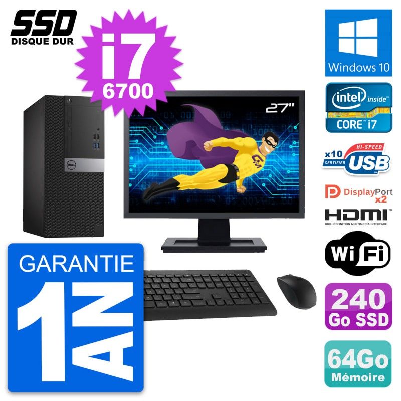 Dell OptiPlex 7040 Desktop Computer, 27" Screen, Core i7-6700, 64GB RAM, 240GB SSD, HDMI