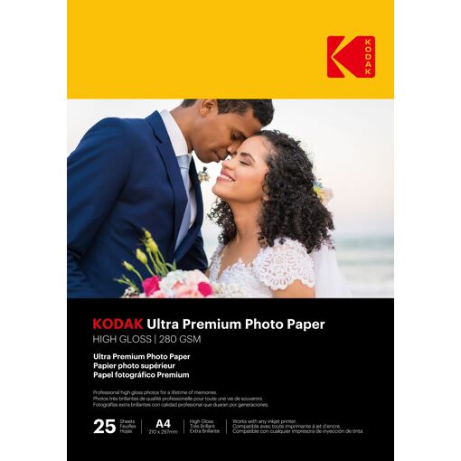 Papel fotográfico Kodak, 25 hojas, 280 g/m² brillante A4 (21x29.7 cm), impresión de inyección de tinta - 9891099