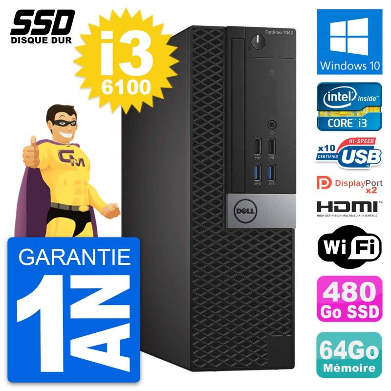 Dell OptiPlex 7040 SFF - Core i3-6100, 64GB RAM, 480GB SSD, HDMI, WiFi, Windows 10