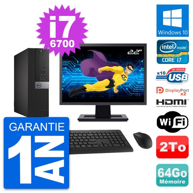 Dell OptiPlex 7040 SFF Computer - 22" Screen, i7-6700, 64GB RAM, 2TB HDD, HDMI, WiFi