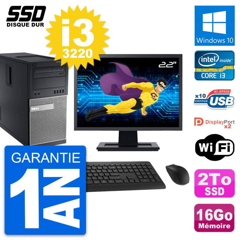 Dell OptiPlex 9010 Desktop Computer, 22" Screen, Intel Core i3-3220, 16GB RAM, 2TB SSD, Windows 10, Wi-Fi