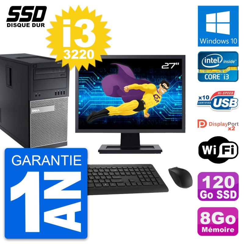 Dell OptiPlex 9010 Desktop Computer - 27" Screen, i3-3220, 8GB RAM, 120GB SSD, Windows 10, Wifi