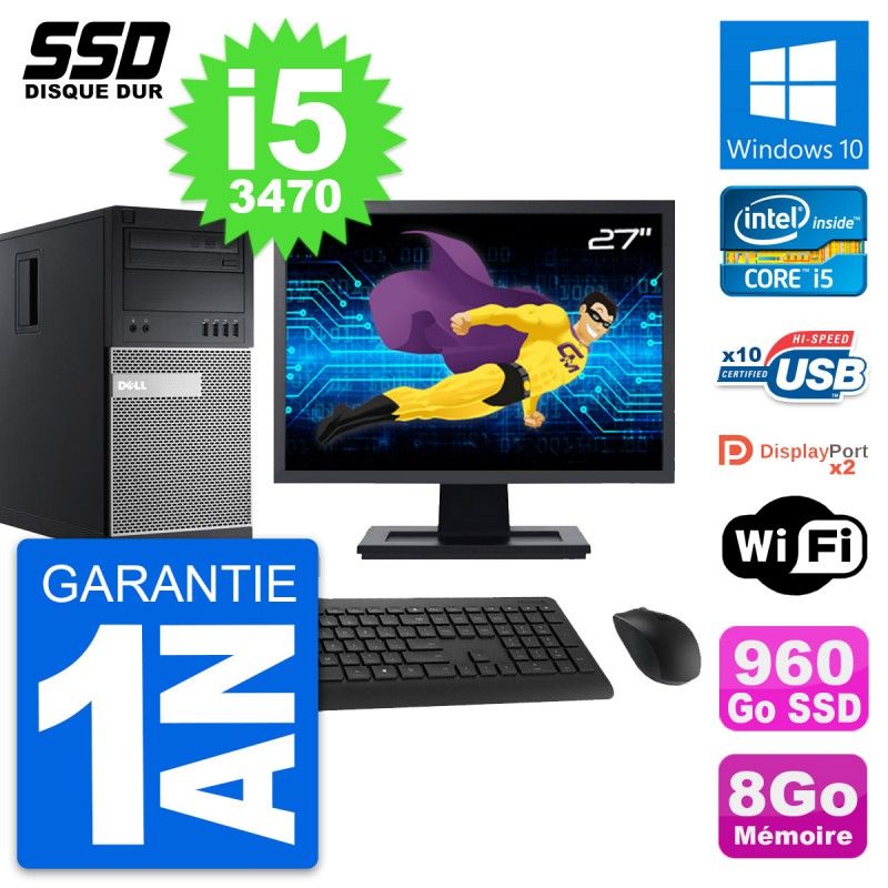 Dell OptiPlex 9010 Desktop - 27" Screen, i5-3470, 8GB RAM, 960GB SSD, Windows 10, Wifi