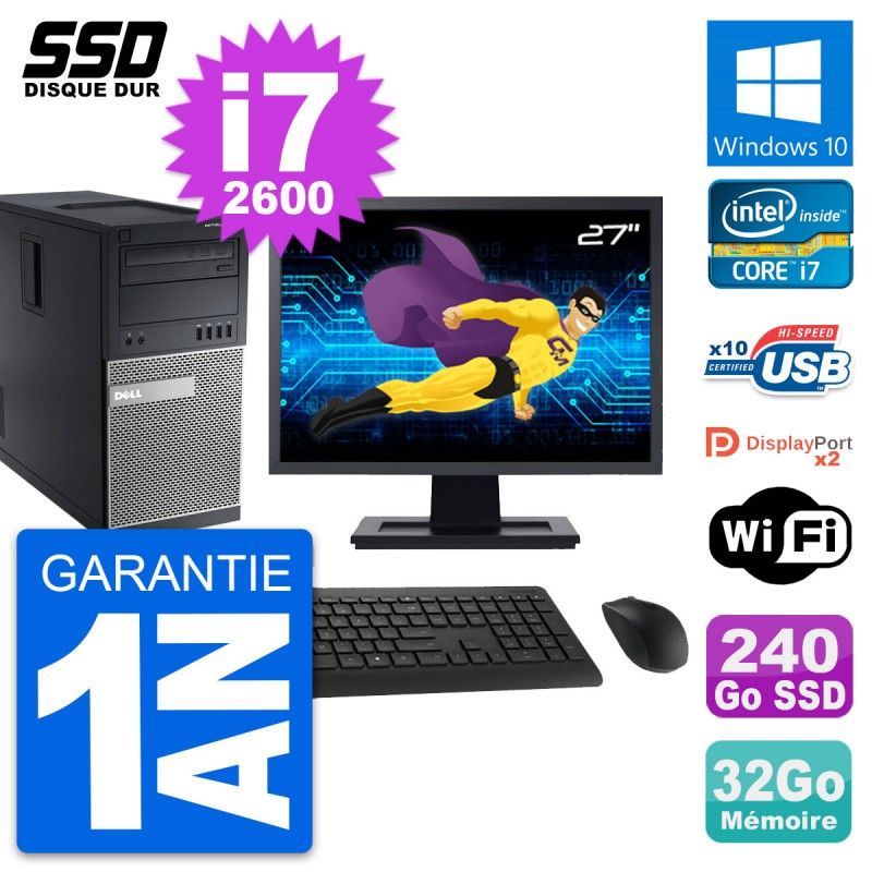 Dell OptiPlex 9010 Desktop PC - 27" Screen, Intel i7-2600, 32GB RAM, 240GB SSD, Windows 10