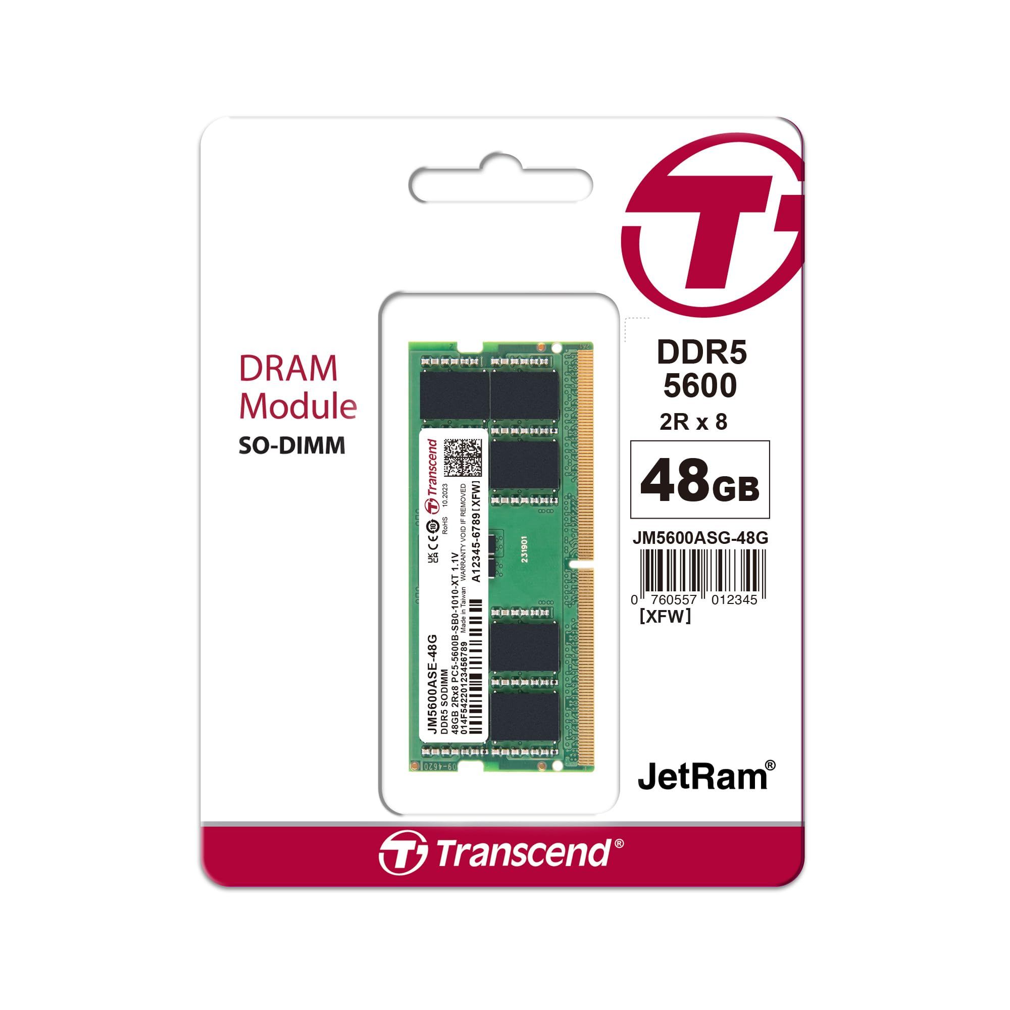 Transcend JetRAM 48GB (2x24GB) DDR5 SO-DIMM 262-Pin 2800MHz CL46 1.1V ECC Unbuffered Memory
