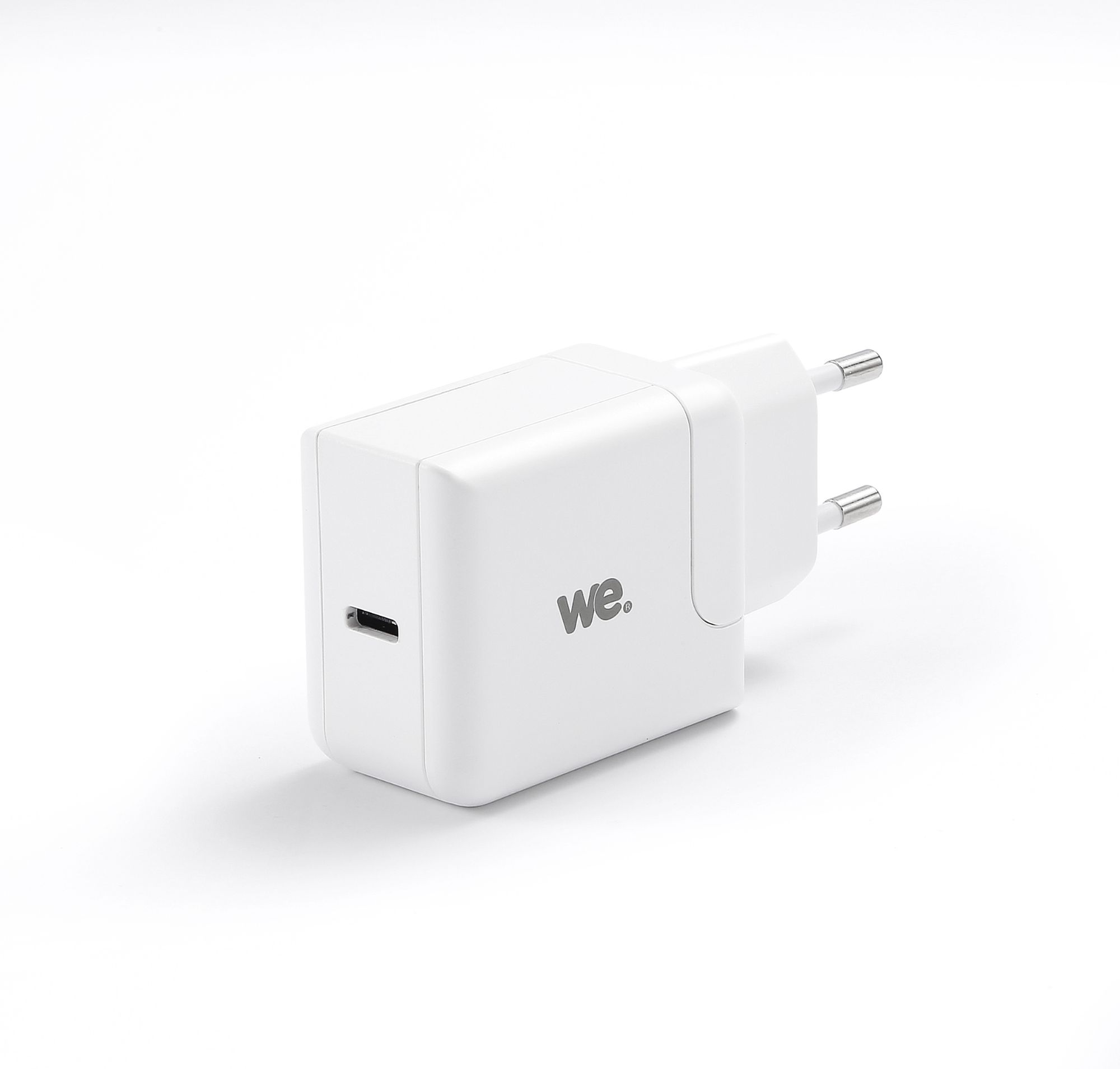 Chargeur secteur WE 20W avec câble USB-C/Lightning : mince, léger et pratique. Blanc
